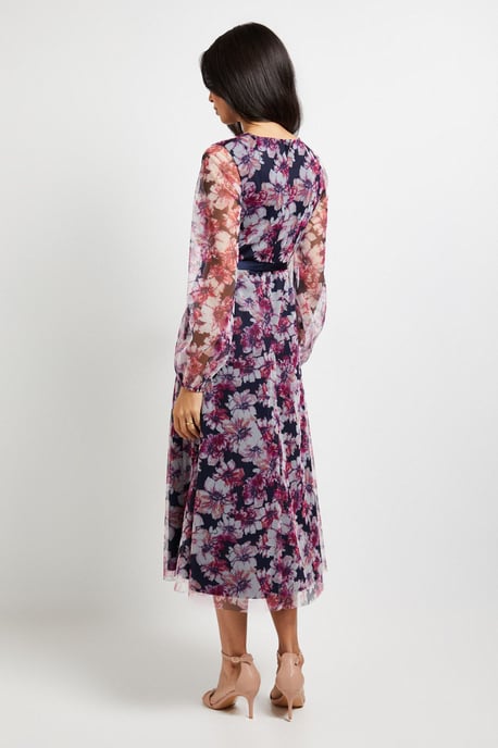 Floral Mesh Satin Tie Midi Dress - Image 3