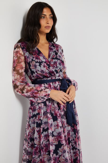 Floral Mesh Satin Tie Midi Dress - Image 4