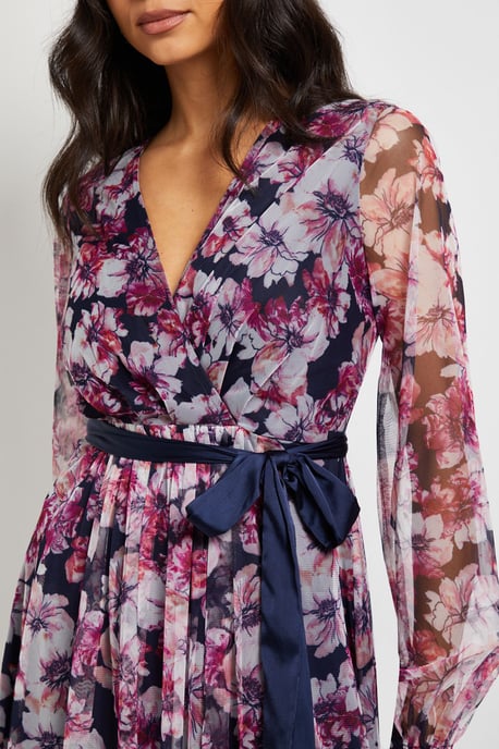 Floral Mesh Satin Tie Midi Dress - Image 5