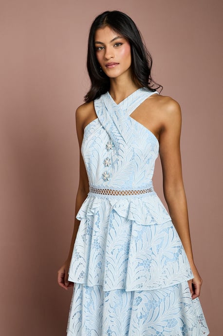 Petite Tiered Lace Cross Halter Neck Button Detail Midi Dress - Image 2