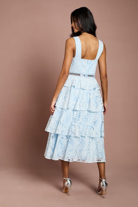 Petite Tiered Lace Cross Halter Neck Button Detail Midi Dress - Image 3