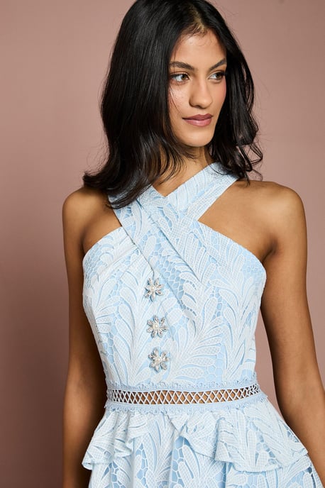 Petite Tiered Lace Cross Halter Neck Button Detail Midi Dress - Image 4