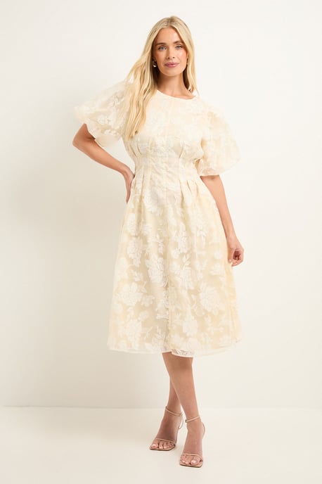 Petite Floral Burn Out Puff Sleeve Midi Dress - Image 1