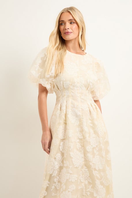Petite Floral Burn Out Puff Sleeve Midi Dress - Image 2