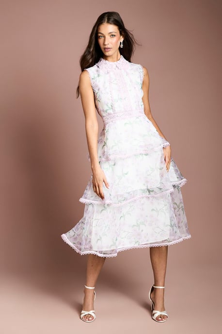 Floral Organza Lace Collar Tiered Midi Dress - Image 1