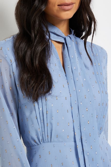 Clipped Tie Neck Pleated Shirt Dress - Image 4