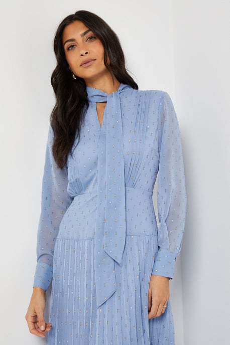 Clipped Tie Neck Pleated Shirt Dress - Image 5