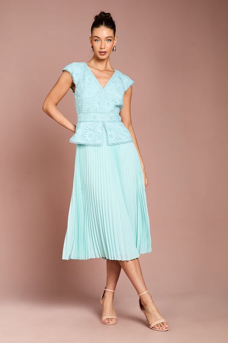 V Neck Lace Bodice Peplum Midi Dress - Image 1