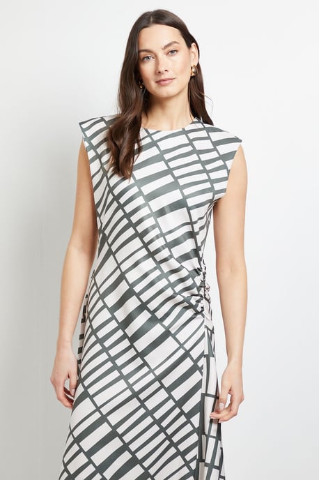 Ruched Side Asymmetric Sleeve Midi Dress - Image 2