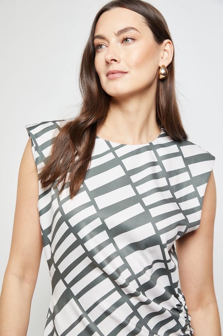 Ruched Side Asymmetric Sleeve Midi Dress - Image 4