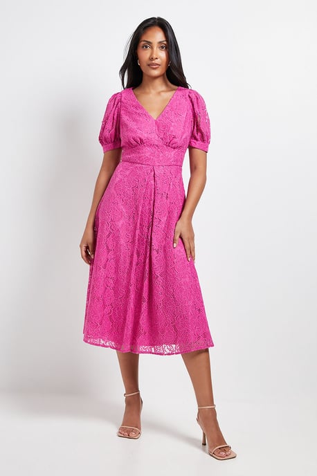 Petite Lace V Neck Tea Midi Dress - Image 1