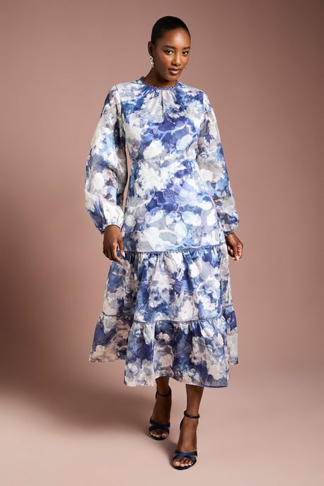 Printed Satin Jacquard Volume Dress - Image 1