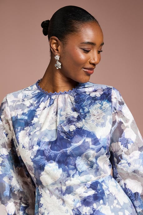 Printed Satin Jacquard Volume Dress - Image 4