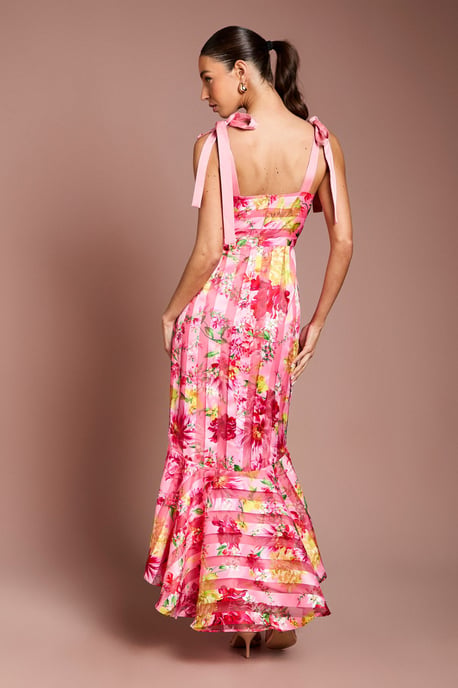 Printed Organza Burnout Bow Shoulder Midi Dress - Image 3