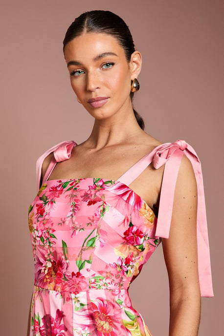 Printed Organza Burnout Bow Shoulder Midi Dress - Image 4