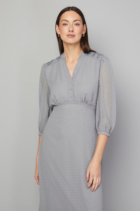Dobby Pleat Detail Button Midi Dress - Image 2