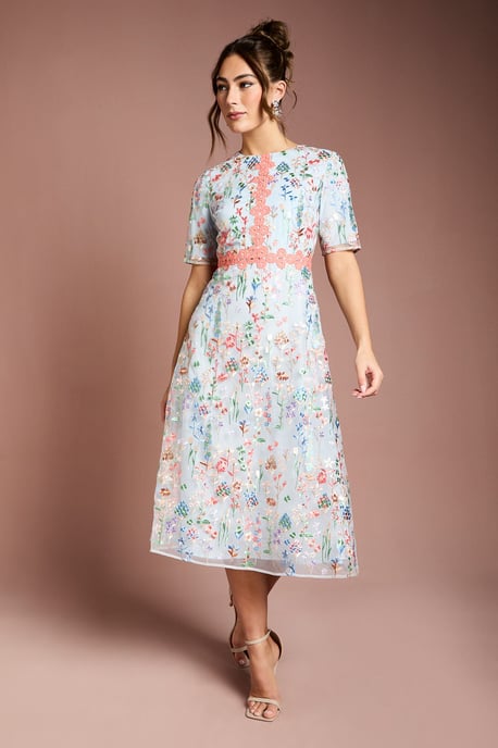Embroidered Floral With Laid On Lace Midi Dress - Image 1
