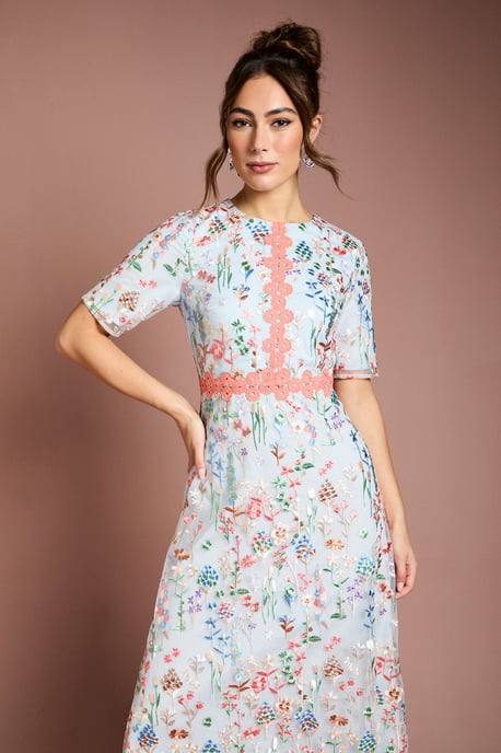 Embroidered Floral With Laid On Lace Midi Dress - Image 2