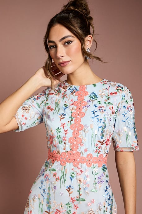 Embroidered Floral With Laid On Lace Midi Dress - Image 4