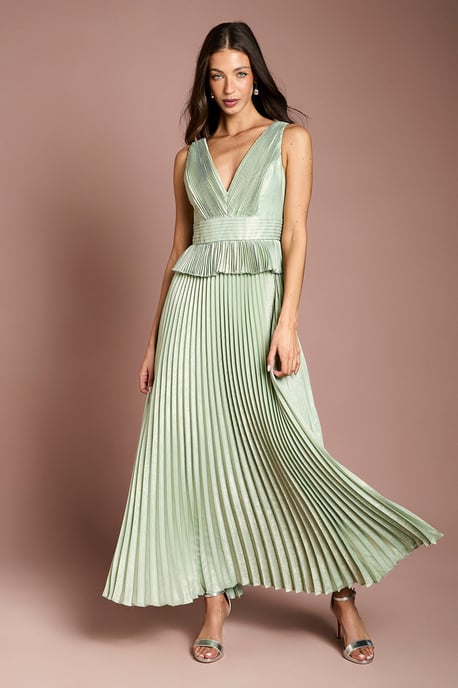 Sleeveless Metallic Pleated Maxi Dress With Peplum - Image 1