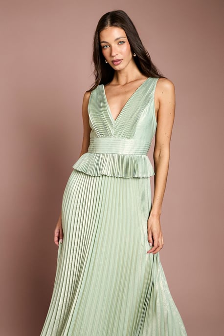 Sleeveless Metallic Pleated Maxi Dress With Peplum - Image 2