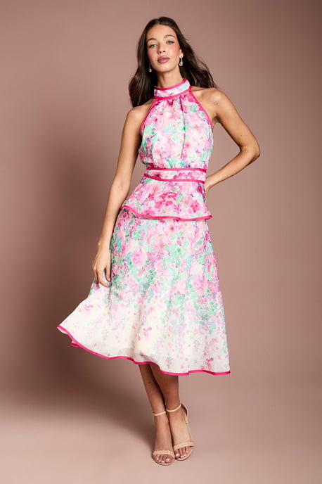 Placement Print Organza Halter Neck Midi Dress - Image 1