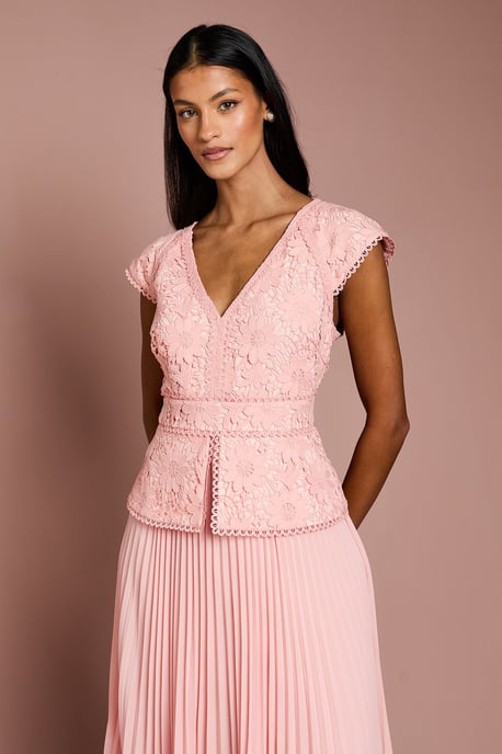 Petite V Neck Lace Bodice Peplum Midi Dress - Image 2