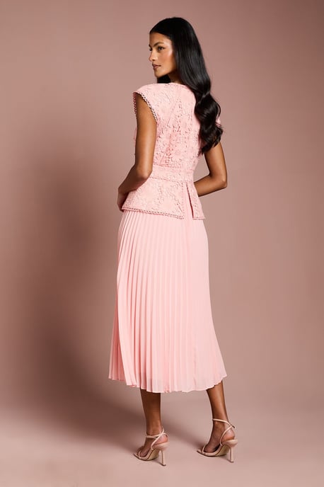 Petite V Neck Lace Bodice Peplum Midi Dress - Image 3