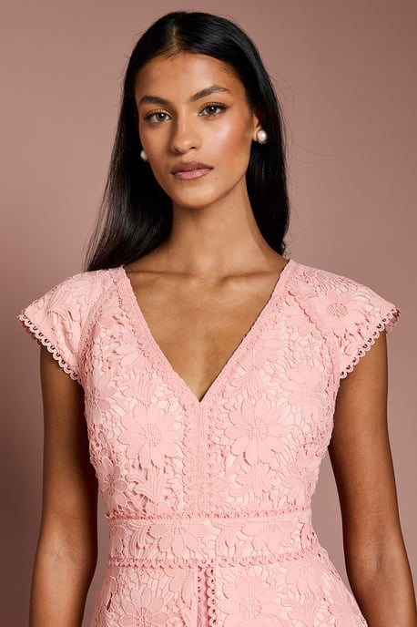 Petite V Neck Lace Bodice Peplum Midi Dress - Image 4