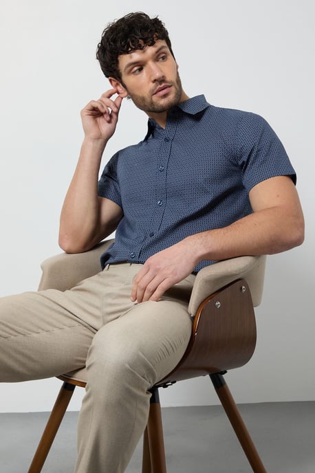 Navy Geometric Print Short Sleeve Shirt - Image 1