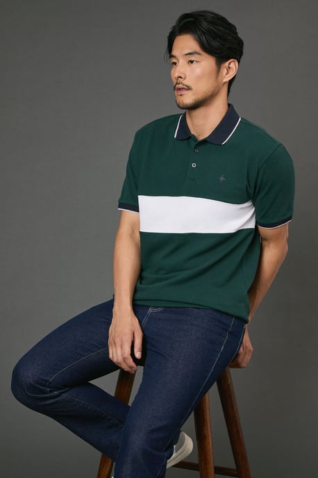 Dark Green Chest Detail Pique Polo Shirt - Image 1