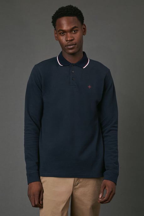 Navy Long Sleeve Pique Polo Shirt - Image 1