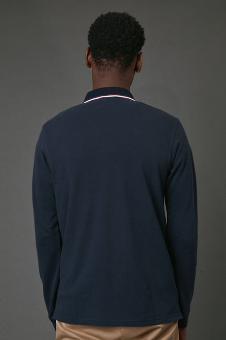 Navy Long Sleeve Pique Polo Shirt - Image 3
