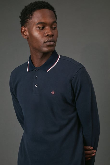 Navy Long Sleeve Pique Polo Shirt - Image 4