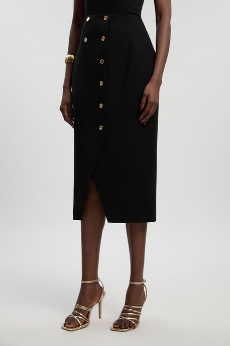 Textured Compact Stretch Button Detail Midi Skirt - Image 2
