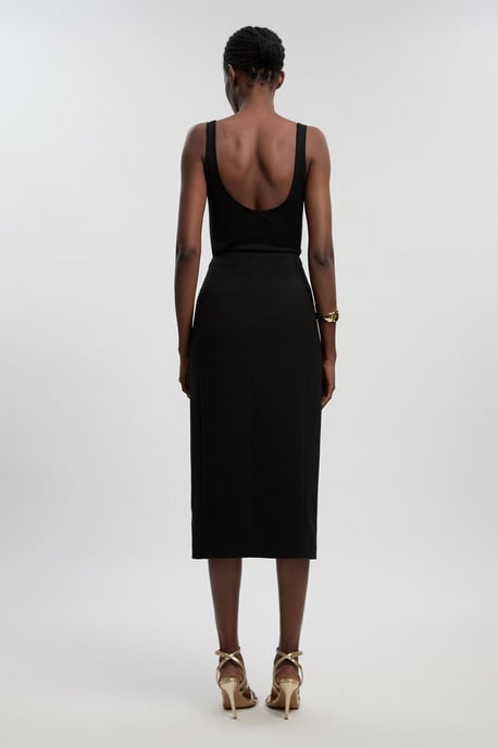Textured Compact Stretch Button Detail Midi Skirt - Image 4