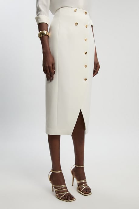 Textured Compact Stretch Button Detail Midi Skirt - Image 2