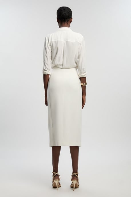 Textured Compact Stretch Button Detail Midi Skirt - Image 4