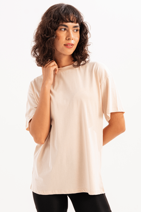 JUSTEVER 100% bomull, oversize fit, rund hals, beige dam-T-shirt - Halo - Image 1