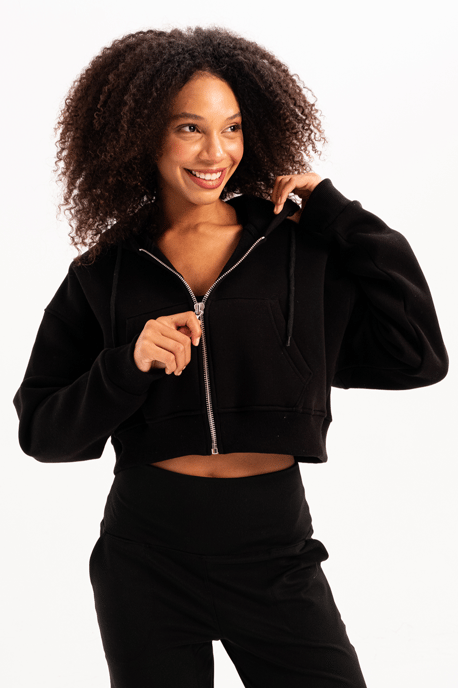 JUSTEVER Crop Hooded Zippered Kangaroo Pocket Raised Hoodie Svart Damtröja - Lumen - Image 1