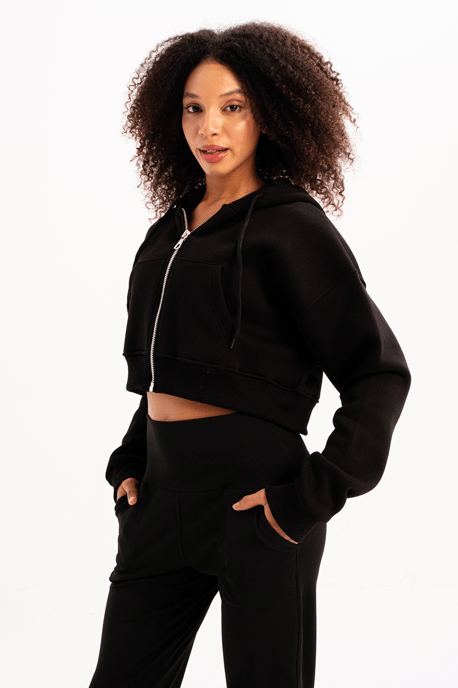 JUSTEVER Crop Hooded Zippered Kangaroo Pocket Raised Hoodie Svart Damtröja - Lumen - Image 3