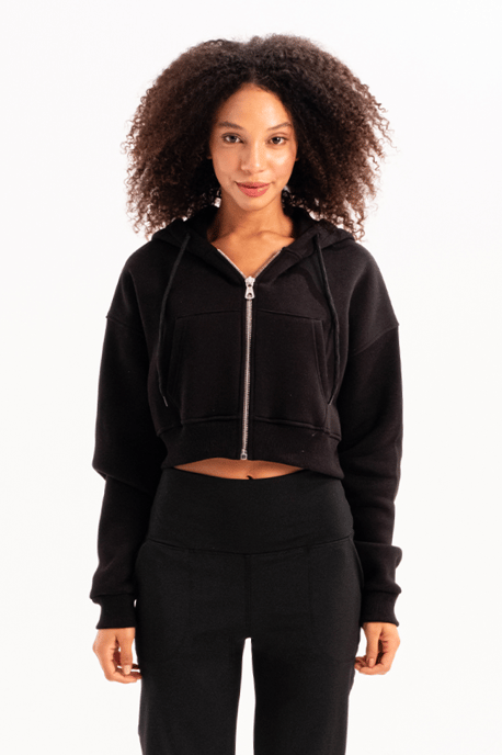 JUSTEVER Crop Hooded Zippered Kangaroo Pocket Raised Hoodie Svart Damtröja - Lumen - Image 4