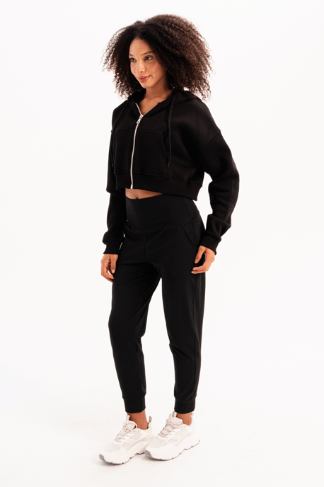 JUSTEVER Crop Hooded Zippered Kangaroo Pocket Raised Hoodie Svart Damtröja - Lumen - Image 5
