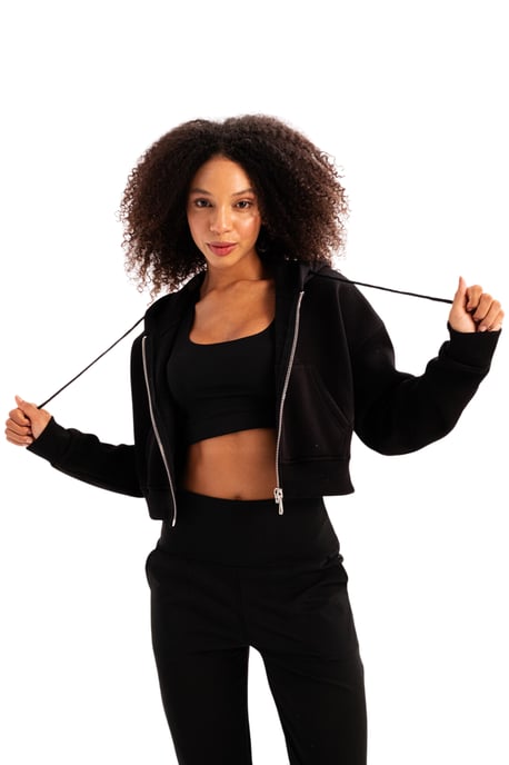 JUSTEVER Crop Hooded Zippered Kangaroo Pocket Raised Hoodie Svart Damtröja - Lumen - Image 6