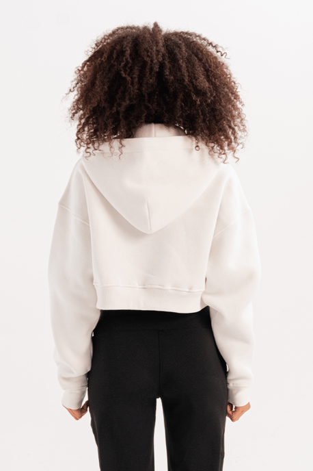 JUSTEVER Crop Hooded Zippered Kangaroo Pocket Raised Hoodie Ecru Damtröja - Lumen - Image 3