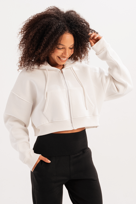 JUSTEVER Crop Hooded Zippered Kangaroo Pocket Raised Hoodie Ecru Damtröja - Lumen - Image 4