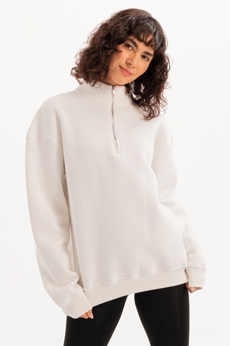 JUSTEVER Oversize Fit Stand Collar Semi-Zippered Relief Ecru Damtröja - Cass - Image 3