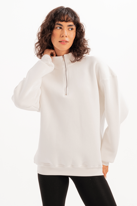 JUSTEVER Oversize Fit Stand Collar Semi-Zippered Relief Ecru Damtröja - Cass - Image 4