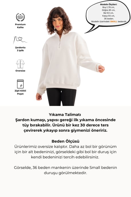 JUSTEVER Oversize Fit Stand Collar Semi-Zippered Relief Ecru Damtröja - Cass - Image 5