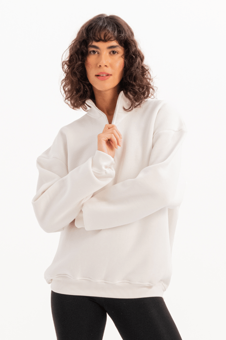 JUSTEVER Oversize Fit Stand Collar Semi-Zippered Relief Ecru Damtröja - Cass - Image 6